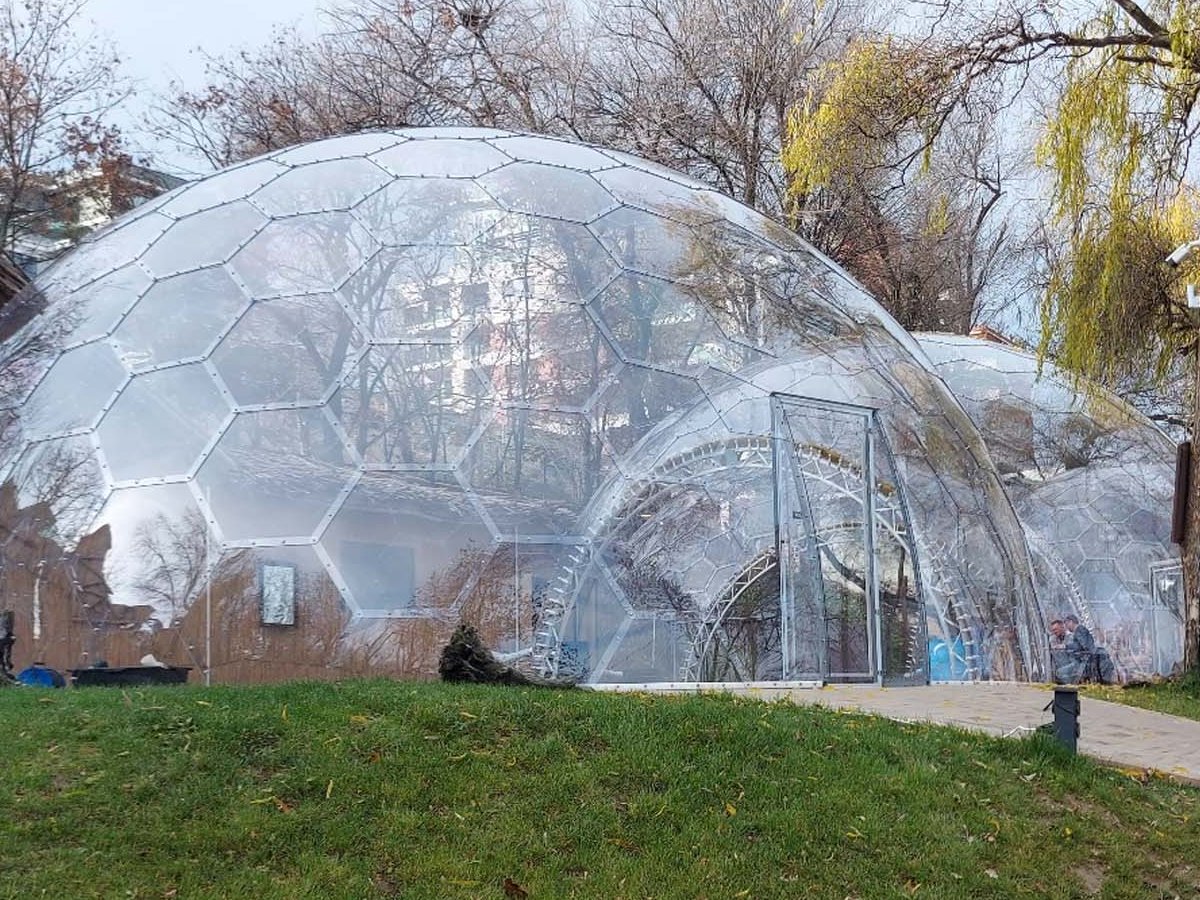 Bolla 1000 trasparente in un parco, con ospiti all’interno